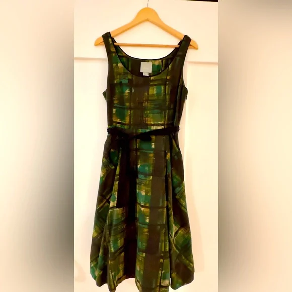 green emerald velvet dress Maeve Anthropologie Plaid Smocked Dress (S)